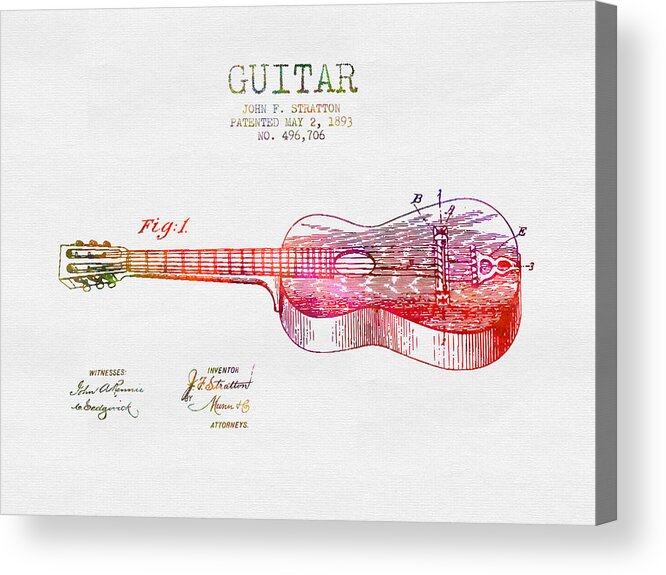 Guitar Patent Acrylic Print featuring the digital art 1893 Stratton guitar patent - color by Aged Pixel