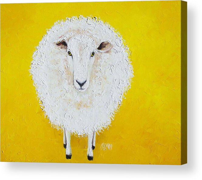 Sheep Acrylic Print featuring the painting Sheep painting on yellow background #1 by Jan Matson