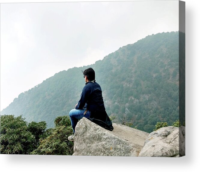 Boy Acrylic Print featuring the photograph A Boy Sit on the Hills of Mountain by Deepak Verma
