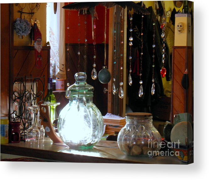 Light Jar Room Crystals Glass Window Orange Yellow Brown Black White Green Blue Red Beads Acrylic Print featuring the photograph A jar of Light by Ida Eriksen