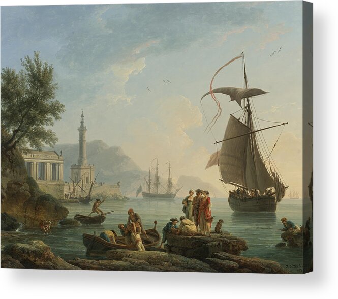 Claude Joseph Vernet Acrylic Print featuring the painting A Mediterranean Harbor At Sunset With Fisherfolk At The Water's Edge by Celestial Images