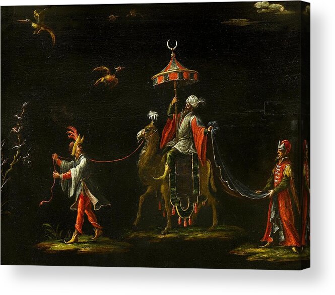 Follower Of Jacques Callot (nancy 1592 - Nancy 1635) Acrylic Print featuring the painting A Sultan Riding a Camel Led by a Driver by Jacques Callot