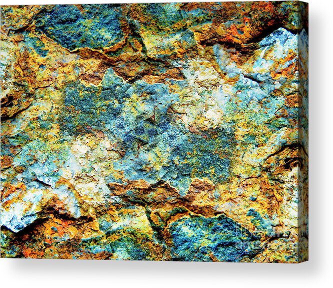 Stone Acrylic Print featuring the photograph Abstract Nature Tropical Beach Rock Blue Yellow and Orange Macro Photo 472 by Ricardos Creations