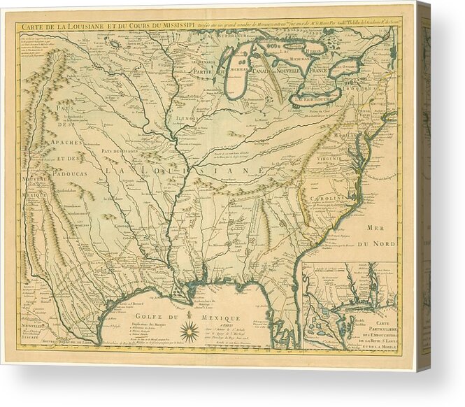 Antique Map Of Louisiana Acrylic Print featuring the drawing Antique Maps - Old Cartographic maps - Antique Map of Louisiana - Course of Mississippi, 1718 by Studio Grafiikka