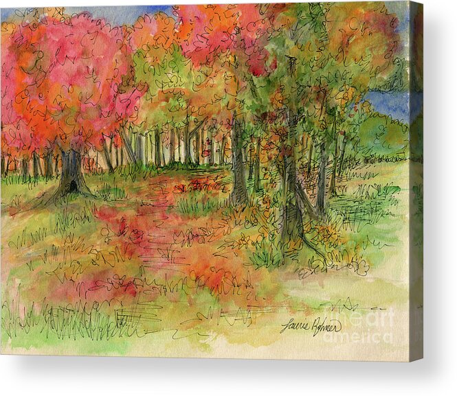 Watercolor Acrylic Print featuring the drawing Autumn Forest Watercolor Illustration by Laurie Rohner