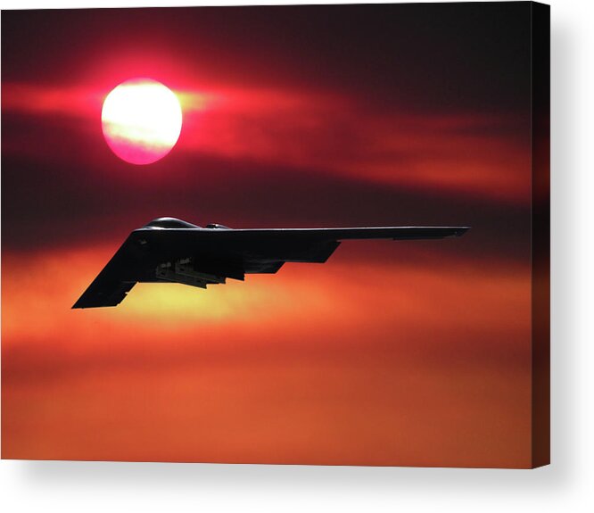 B-2 Stealth Bomber Acrylic Print featuring the mixed media B-2 Stealth Bomber in the Sunset by Erik Simonsen