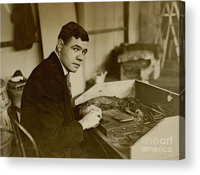Babe Ruth Rolls Cigars 1919 Acrylic Print featuring the photograph Babe Ruth Rolls Cigars 1919 by Padre Art