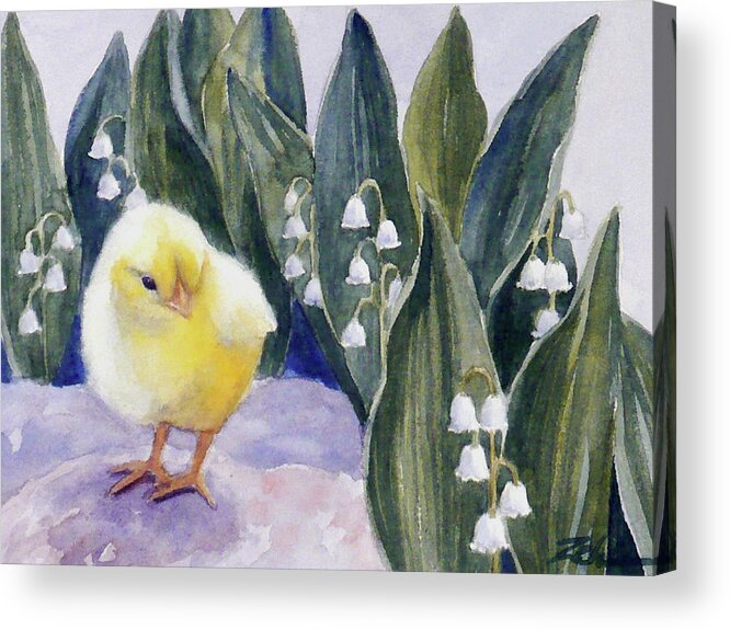 Baby Chick Acrylic Print featuring the painting Baby Chick and Lily of the Valley Flowers by Janet Zeh