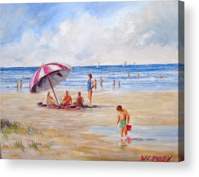 Beach Acrylic Print featuring the painting Beach with umbrella by Perry's Fine Art