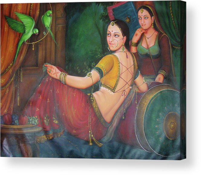 Beautiful Woman Princess Artistic Designer Art Parrot Oil Painting On Canvas Hot Indian Lady Acrylic Print featuring the painting Beautiful Woman Princess Artistic Designer Art Parrot Oil Painting On Canvas by M B Sharma