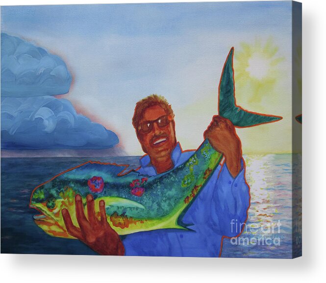 Paintings Acrylic Print featuring the painting Ben and the Dolphin Fish by Kathy Braud