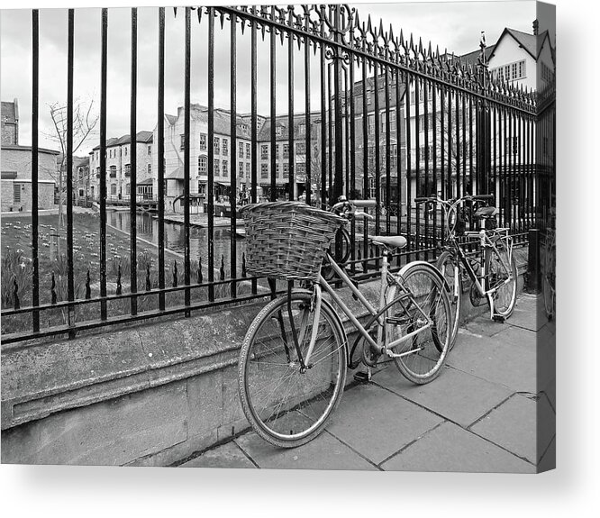 Bicycle Acrylic Print featuring the photograph Bicycles on Magdalene Bridge Cambridge in Black and White by Gill Billington
