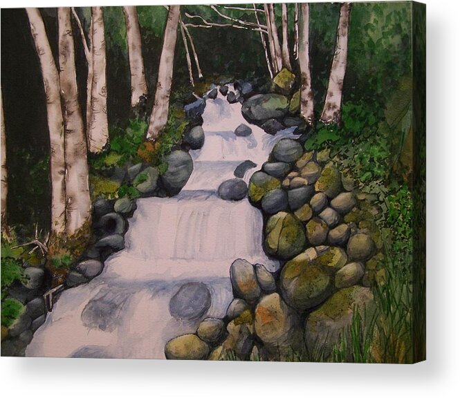 Landscape Acrylic Print featuring the painting Birch Trees By the Brook by Lynn Babineau