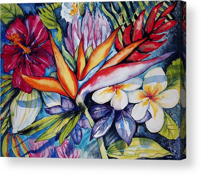 Hawaii Bird Of Paradise Plumeria Wild Ginger Hibiscus Ferns Protea Flowers Exotic Tropical Acrylic Print featuring the painting Bird of Paradise by Lynne Haines