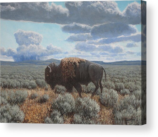 Landscape Acrylic Print featuring the painting Bison Bull on the prairie by Scott Robertson