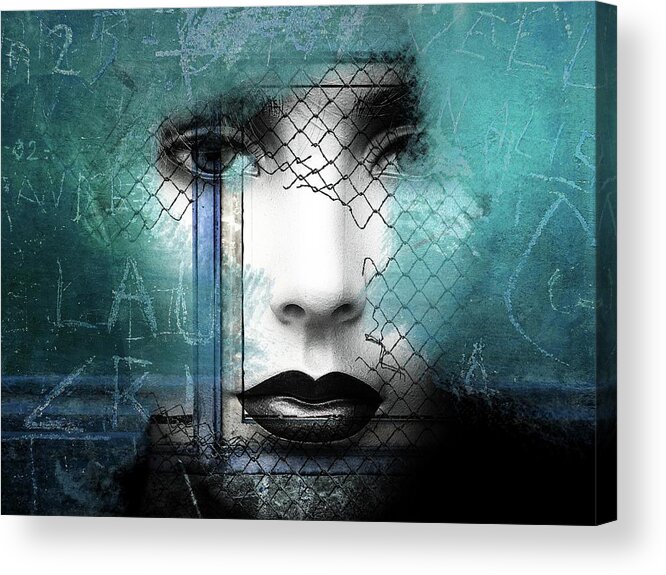 Woman Acrylic Print featuring the digital art Black lips behind the fence by Gabi Hampe