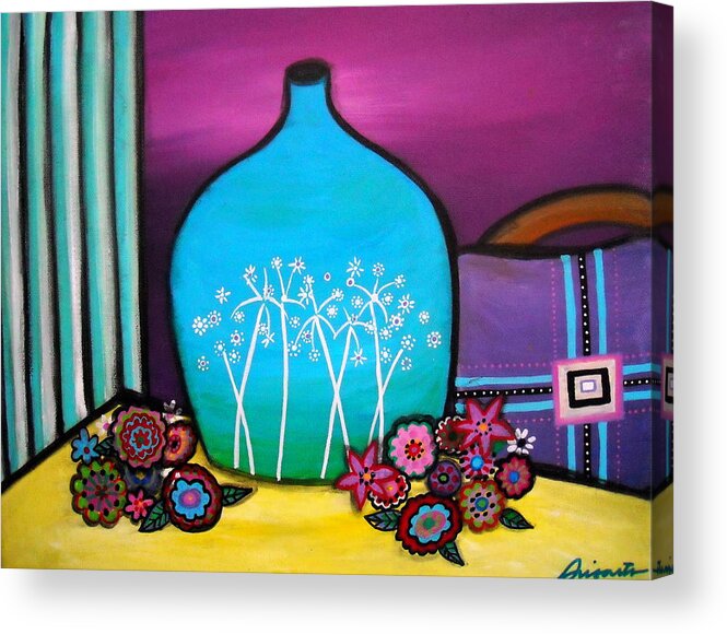 Blooms Acrylic Print featuring the painting Bloom And Vase by Pristine Cartera Turkus