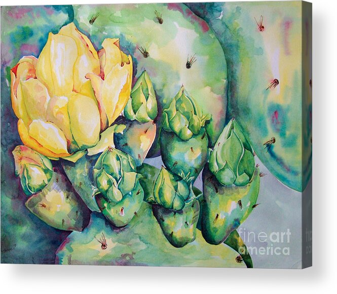 Desert Flowers Acrylic Print featuring the painting Blooming Cactus by Kandyce Waltensperger