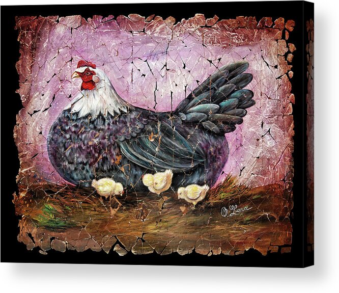 #olenaart Acrylic Print featuring the painting Blue Hen with Chicks fresco black background by O Lena