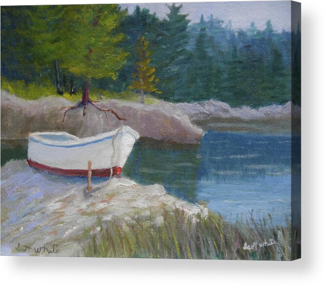 Landscape Boat River Rocks Trees Grass Dock Acrylic Print featuring the painting Boat On Tidal River by Scott W White