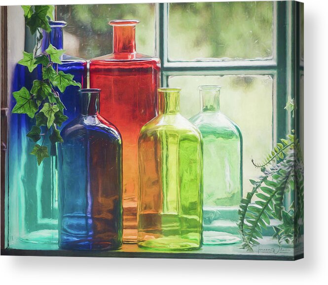 Blue Acrylic Print featuring the photograph Bottles in the Window by Teresa Wilson