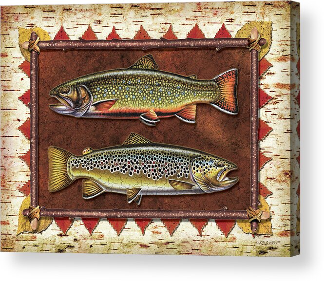 Trout Acrylic Print featuring the painting Brook and Brown Trout Lodge by JQ Licensing