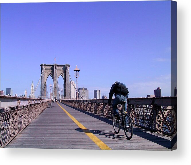 New York Acrylic Print featuring the photograph Brooklyn Bridge Bicyclist by Frank DiMarco