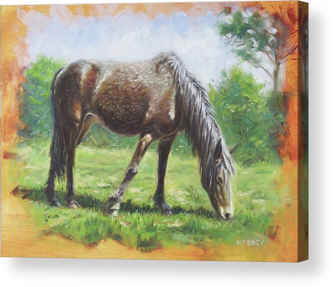 Horse Acrylic Print featuring the painting Brown standing horse eating by Martin Davey