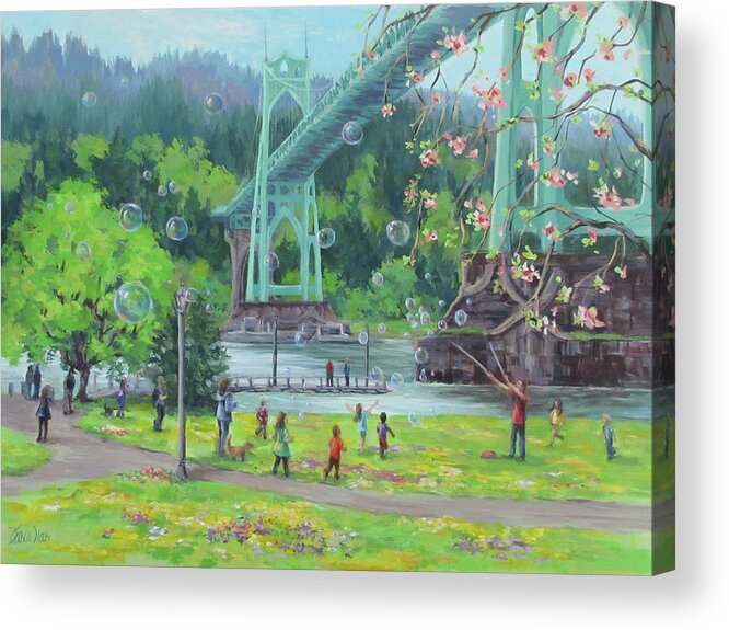 Portland Acrylic Print featuring the painting Bubbly Bridge by Karen Ilari