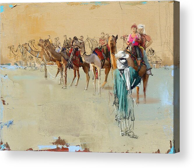 Fujairah Fort Acrylic Print featuring the painting Camels and Desert 2 by Mahnoor Shah