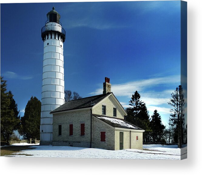 Cana Island Lighthouse Acrylic Print featuring the photograph Cana Island Lighthouse Blue Sky by David T Wilkinson