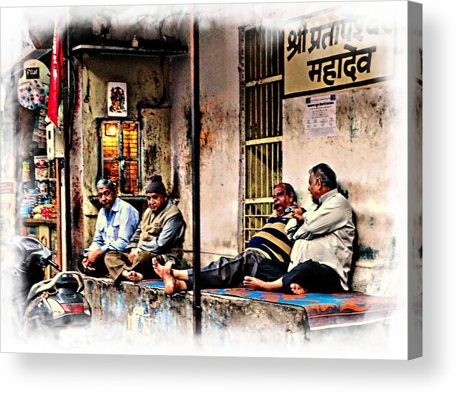 Hanging Out Acrylic Print featuring the photograph Candid Bored Yawn PJ Exotic Travel Blue City Streets India Rajasthan 1a by Sue Jacobi