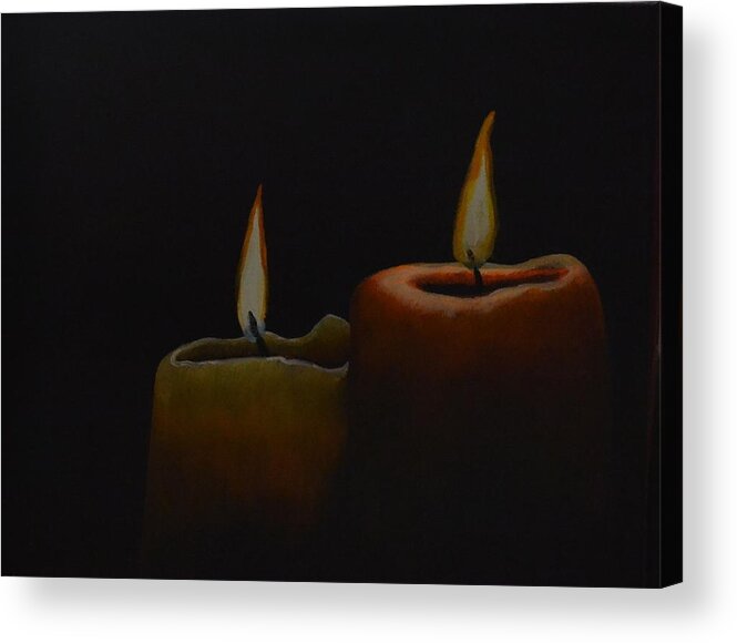 A Painting Of Two Candles With A Burning Flame. The Background Is Black. There Is A Small Yellow Candle Next To A Larger Orange Candle. Acrylic Print featuring the painting Candle Light by Martin Schmidt