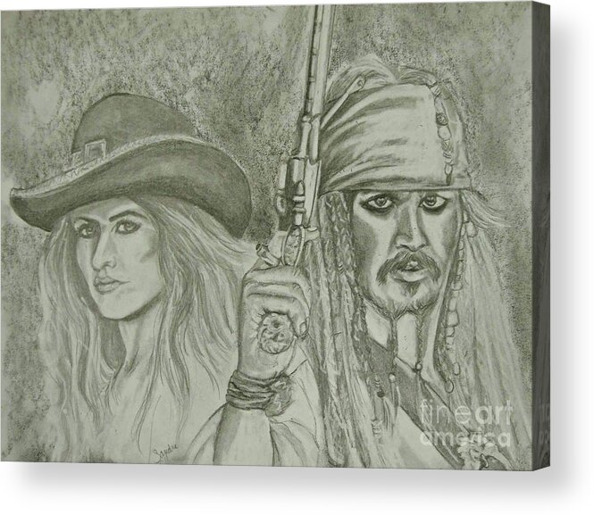 Pirates Acrylic Print featuring the drawing captain Jack Sparrow and Angelica by Sandra Valentini