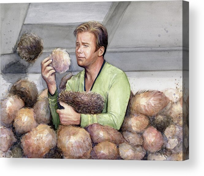 Star Trek Acrylic Print featuring the painting Captain Kirk and Tribbles by Olga Shvartsur