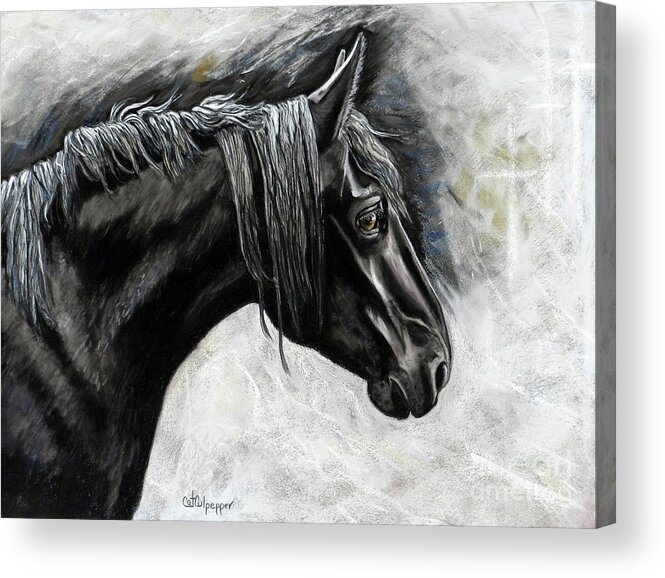 Black Percheron With Muted Grey With A Touch Of Warmth Acrylic Print featuring the pastel Charlie Horse by Cat Culpepper
