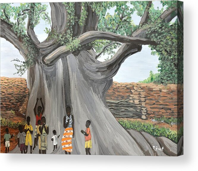 Burkina Faso Acrylic Print featuring the painting Children by the Tree Burkina Faso Series by Reb Frost