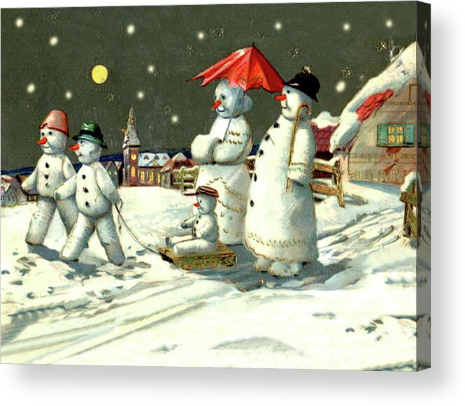 Snowman Acrylic Print featuring the painting Christmas night with snowman family by Long Shot