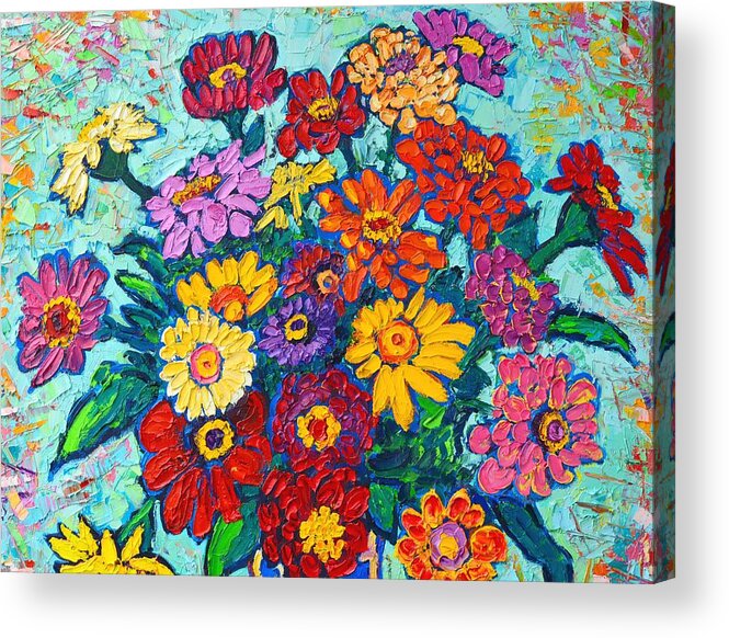 Flowers Acrylic Print featuring the painting Colorful Zinnias Bouquet Closeup by Ana Maria Edulescu