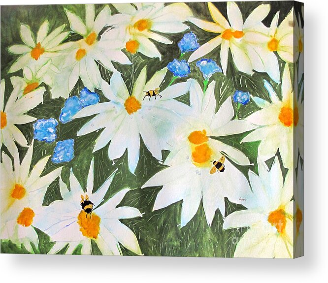 Daisies Acrylic Print featuring the painting Daisies and Bumblebees by Sandy McIntire