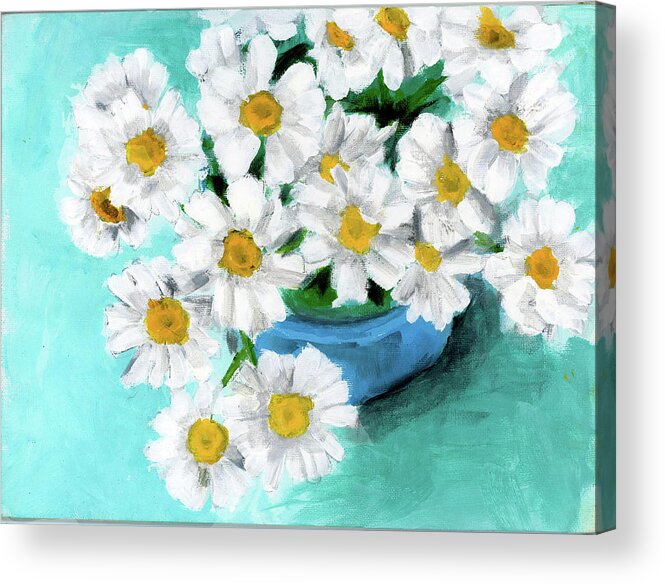 Daisies Acrylic Print featuring the painting Daisies in Blue Bowl by Debbie Brown