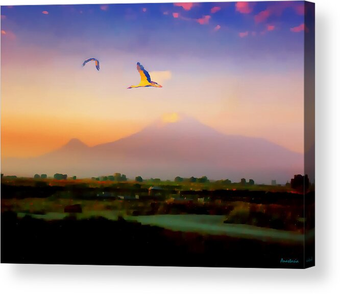 Mt. Ararat Acrylic Print featuring the photograph Dawn with Storks and Ararat from Night Train to Yerevan II by Anastasia Savage Ealy