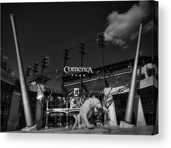 Comerica Park Acrylic Print featuring the photograph Detroit - Comerica Park 001 BW by Lance Vaughn