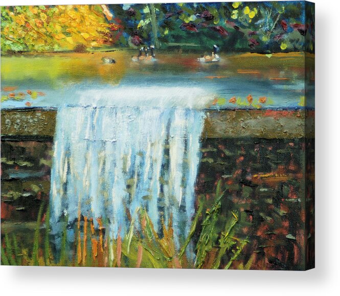 Ducks Acrylic Print featuring the painting Ducks and Waterfall by Michael Daniels