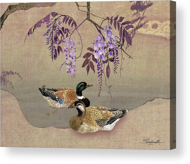 Duck Acrylic Print featuring the digital art Ducks Under Wisteria Tree by M Spadecaller