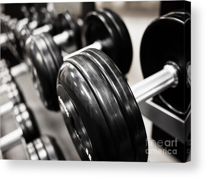 Club Acrylic Print featuring the photograph Dumbbell Weights Rack at a Healthclub Gym by Paul Velgos