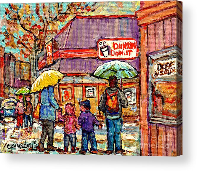 Dunkin Donuts Acrylic Print featuring the painting Dunkin Donut Wellington Street Verdun Rainy Day Family Stroll Montreal Painting C Spandau City Scene by Carole Spandau