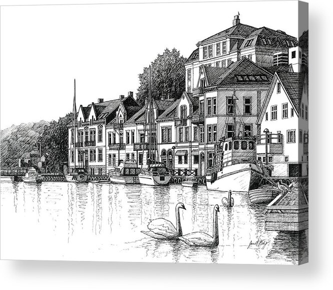 Farsund Norway Acrylic Print featuring the drawing Farsund Harbor in ink by Janet King