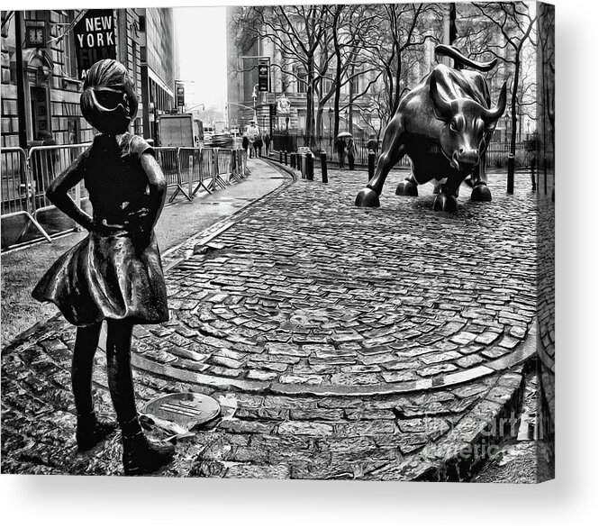 Fearless Girl Statue Acrylic Print featuring the photograph Fearless Girl and Wall Street Bull Statues 3 BW by Nishanth Gopinathan