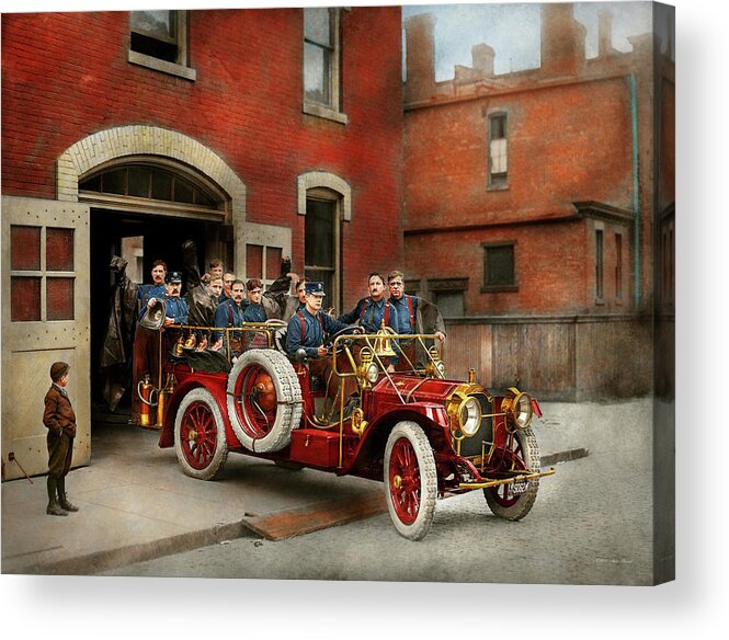 Firefighter Art Acrylic Print featuring the photograph Fire Truck - The flying squadron 1911 by Mike Savad